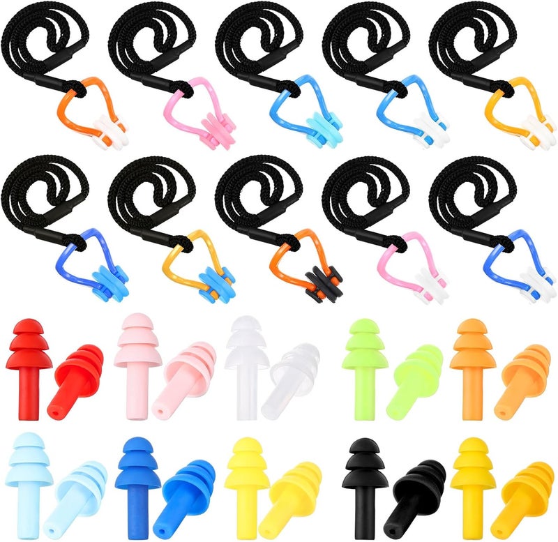 Seenelling 10 Pcs Swimming Nose Clip Earplugs with String Waterproof Swim Nose Plugs Soft Silicone Earplugs Protector Accessories for Adult Beginner Swimming Training Supplies - Image 1